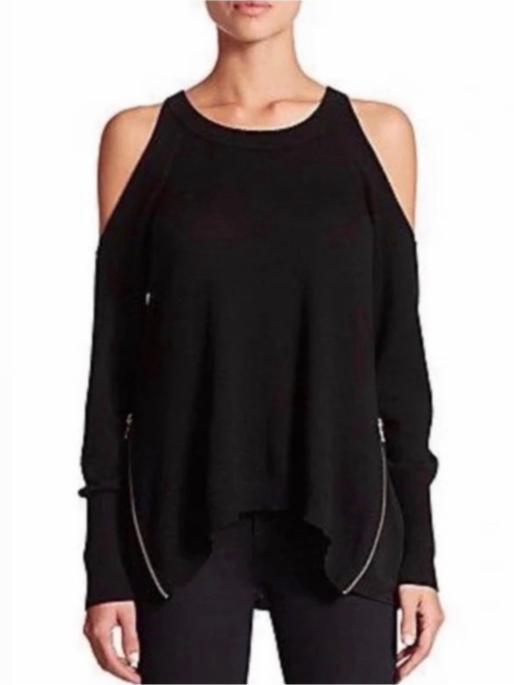 RAMY BROOK Tasha Cold Shoulder Merino Wool Side Zip Sweater - Black - Sz XS